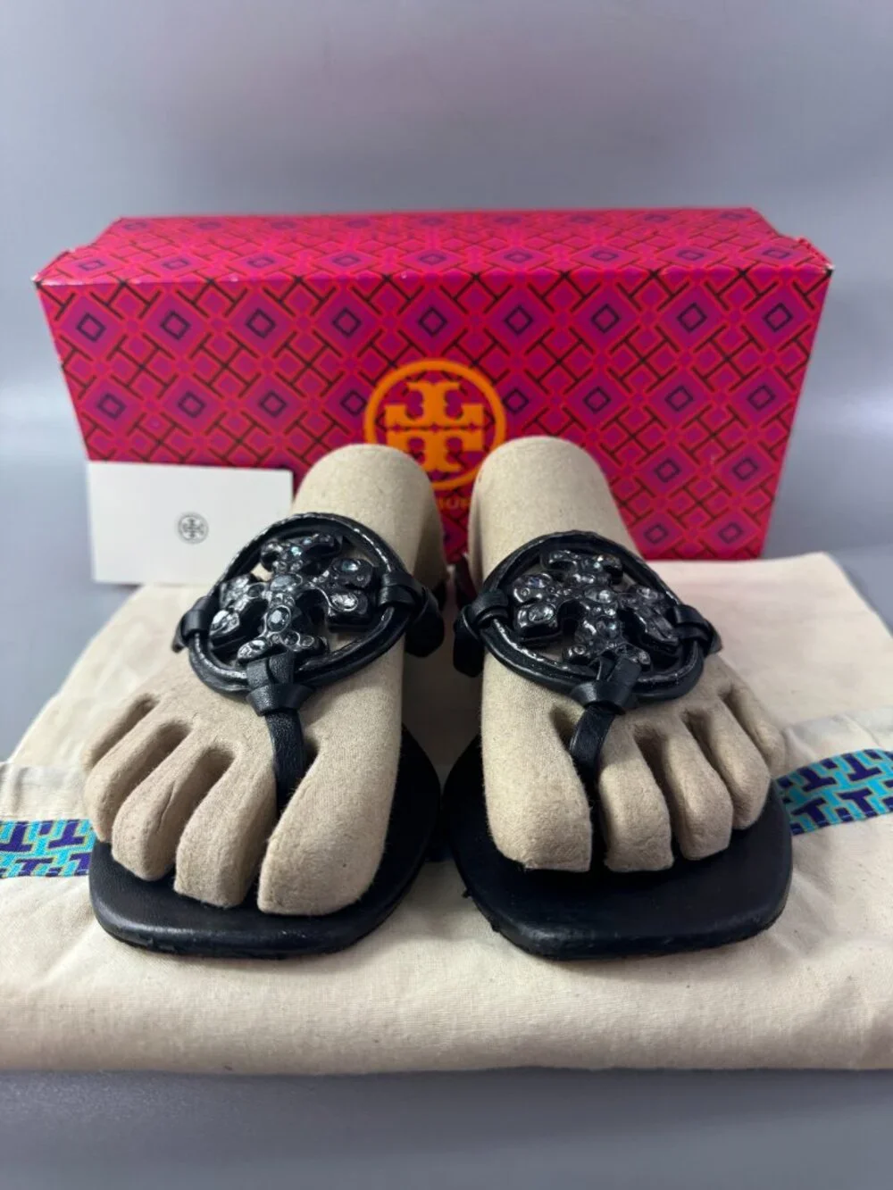 Tory Burch Embellished Crystal Miller Black Leather Sandal, Size 8